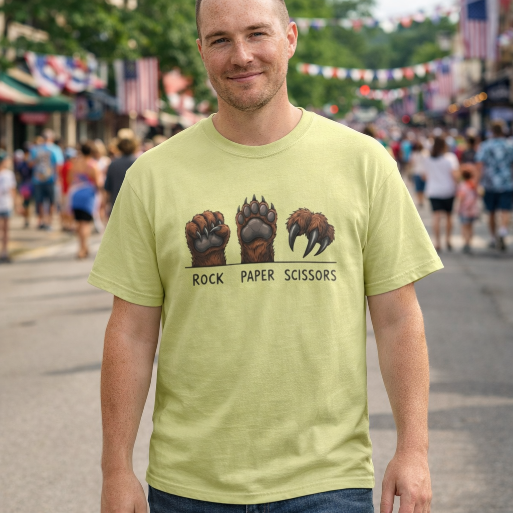 Rock Paper Scissors Bear T-Shirt, Funny Paw Graphic, Gildan 2000
