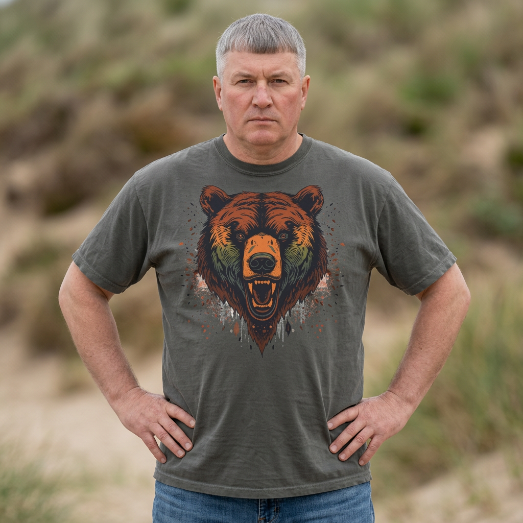 Roaring Grizzly T-shirt product detail featuring roaring grizzly with pine and autumn leaves artwork