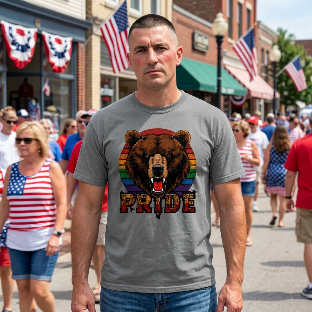 Pride Roar Bear T-shirt product detail featuring roaring bear, rainbow sun, and Pride artwork