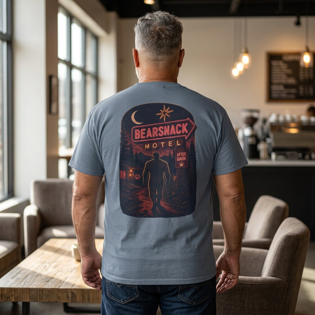 Bearsnack After Dark T-Shirt, Gay Bear Motel Back Print, Comfort Colors 1717