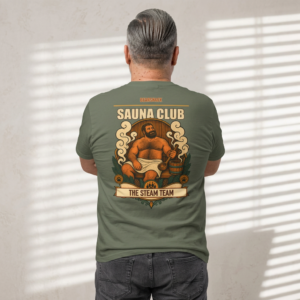 Steam Team T-shirt lifestyle back view with towel-wrapped bear and wooden sauna artwork