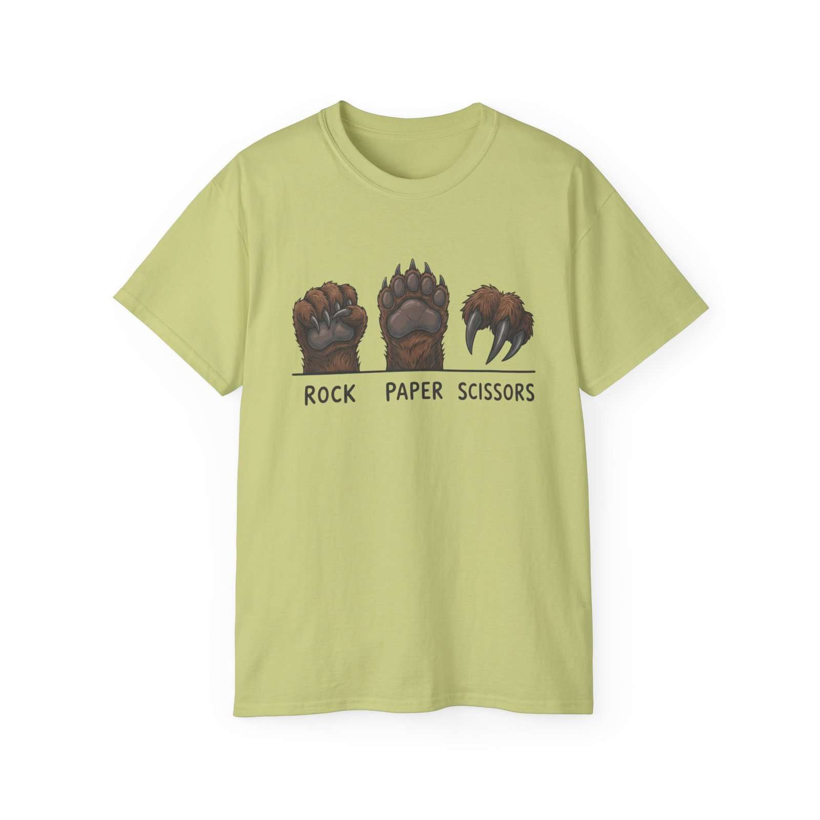 Pistachio Rock Paper Scissors Bear T-shirt, front view with rock paper scissors bear paw artwork