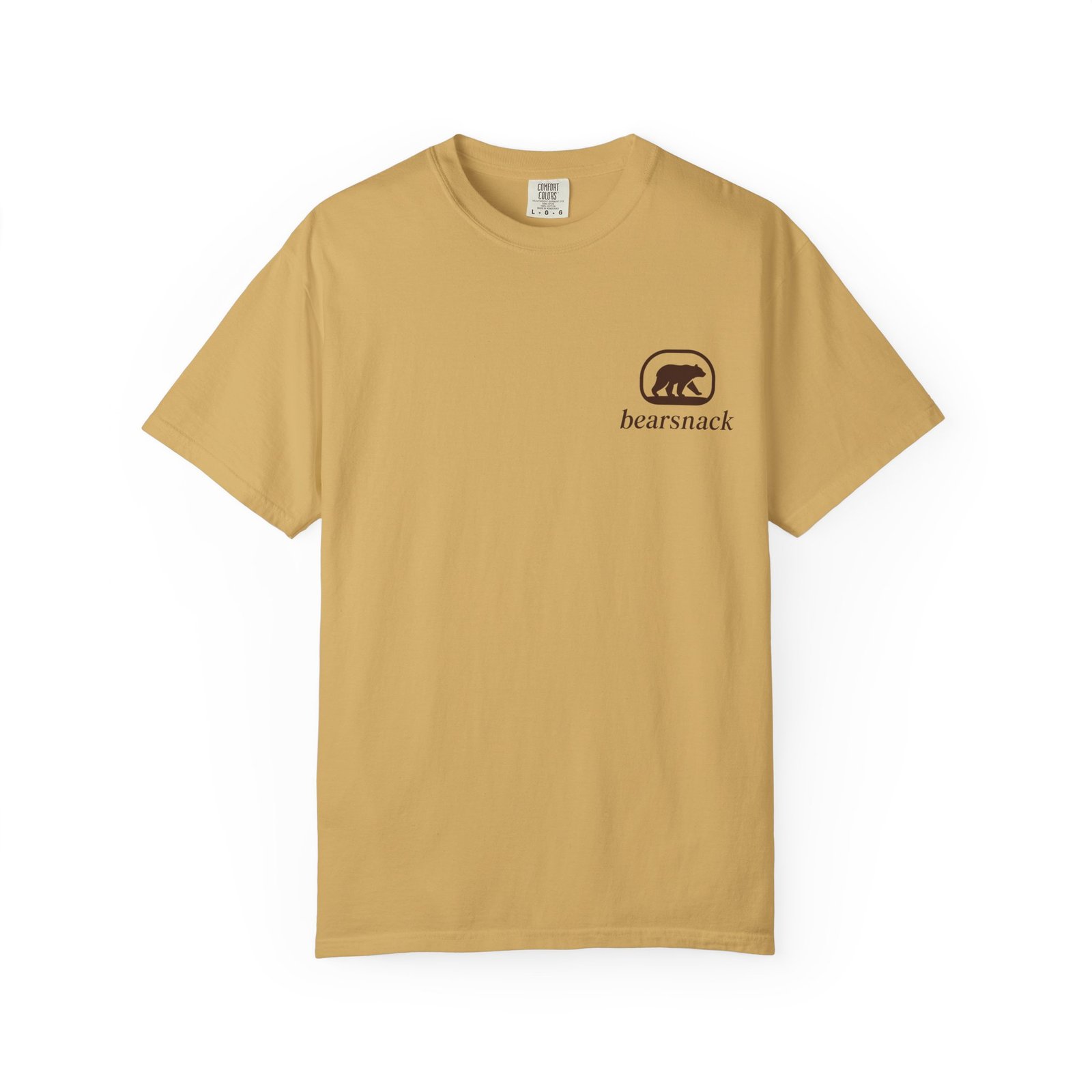 Mustard Deep Cuts Big Feelings T-shirt, front view with Bearsnack Trail Badge