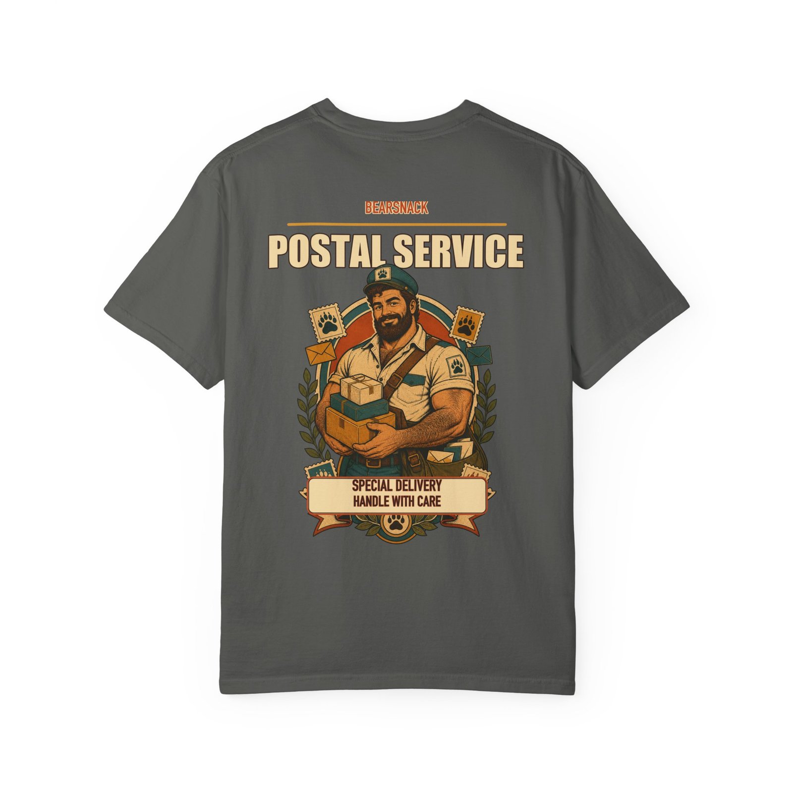 Pepper Special Delivery T-shirt, back view with postal bear with parcels and satchel artwork