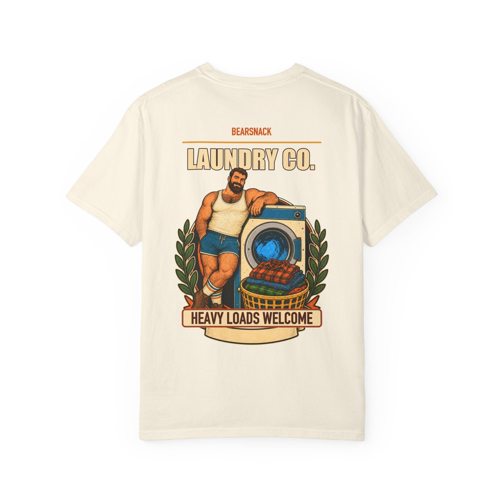 Ivory Heavy Loads Welcome T-shirt, back view with laundry bear with vintage washer artwork