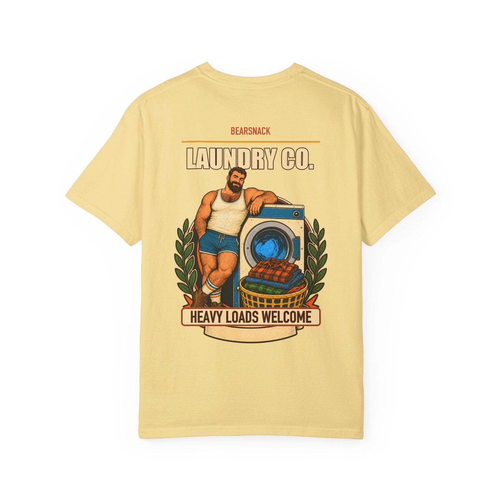 Butter Heavy Loads Welcome T-shirt, back view with laundry bear with vintage washer artwork