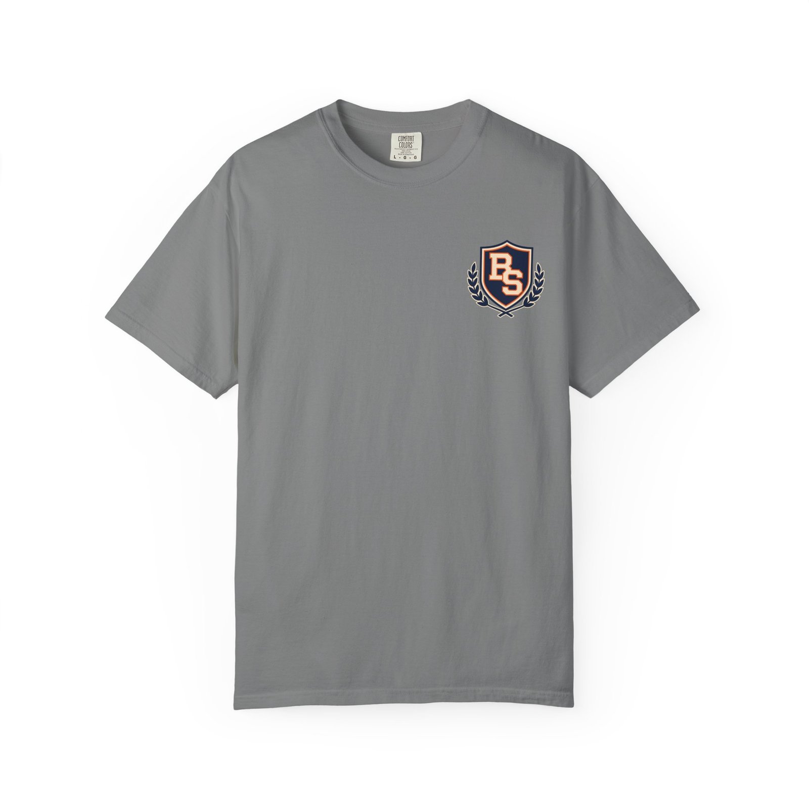 Grey Bearsnack Athletic Dept T-shirt, front view with Bearsnack Trail Badge