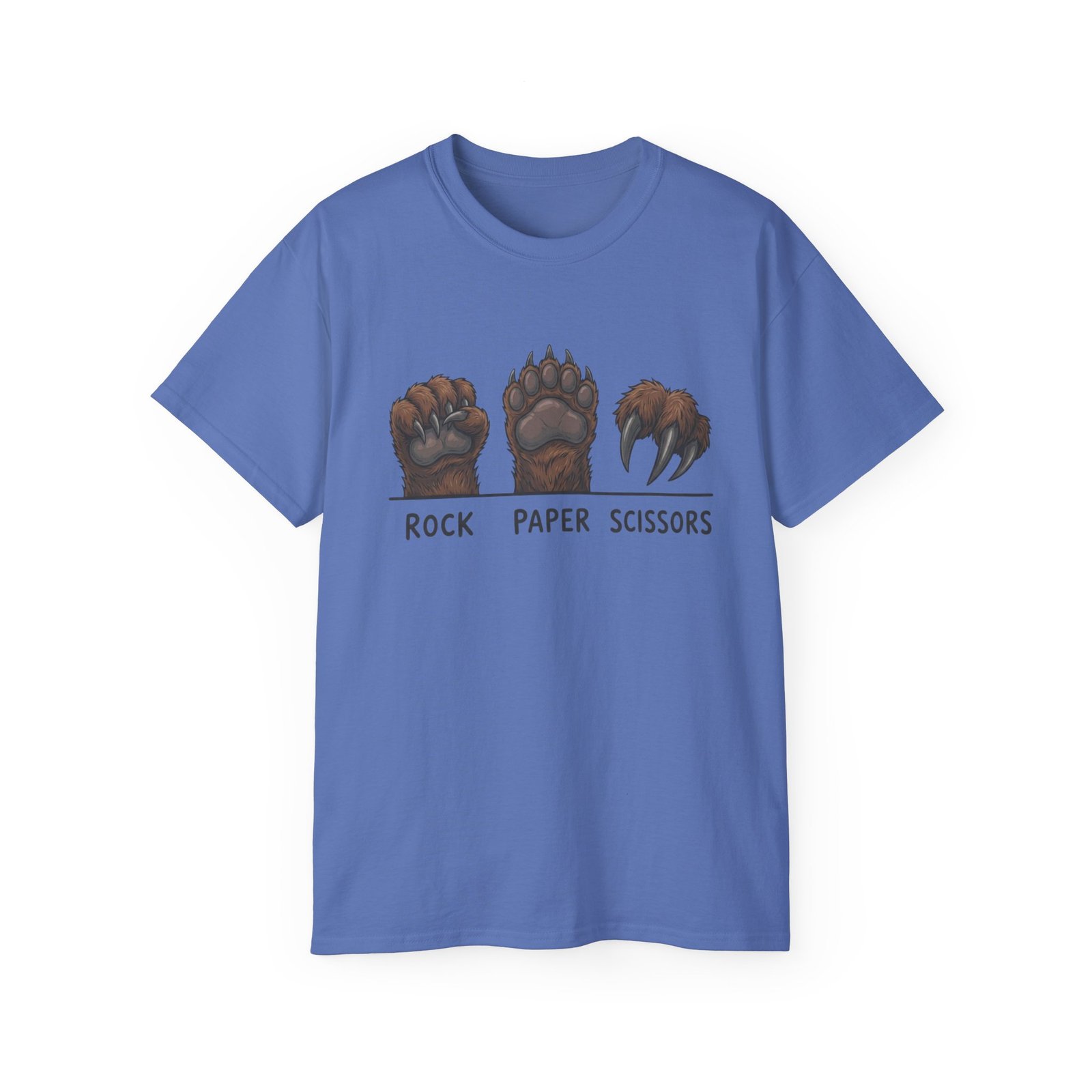 Iris Rock Paper Scissors Bear T-shirt, front view with rock paper scissors bear paw artwork
