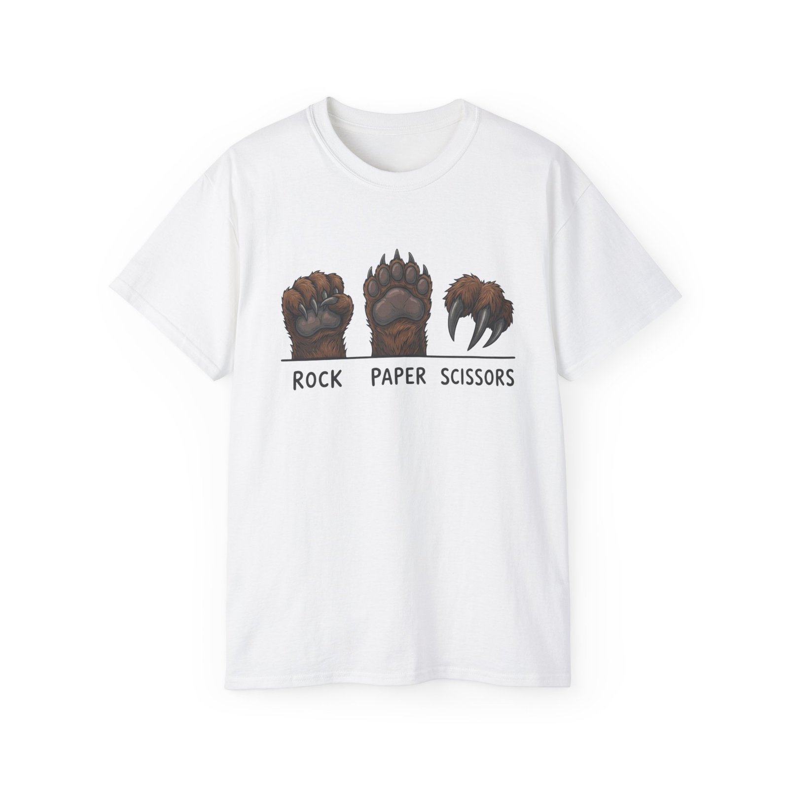 White Rock Paper Scissors Bear T-shirt, front view with rock paper scissors bear paw artwork