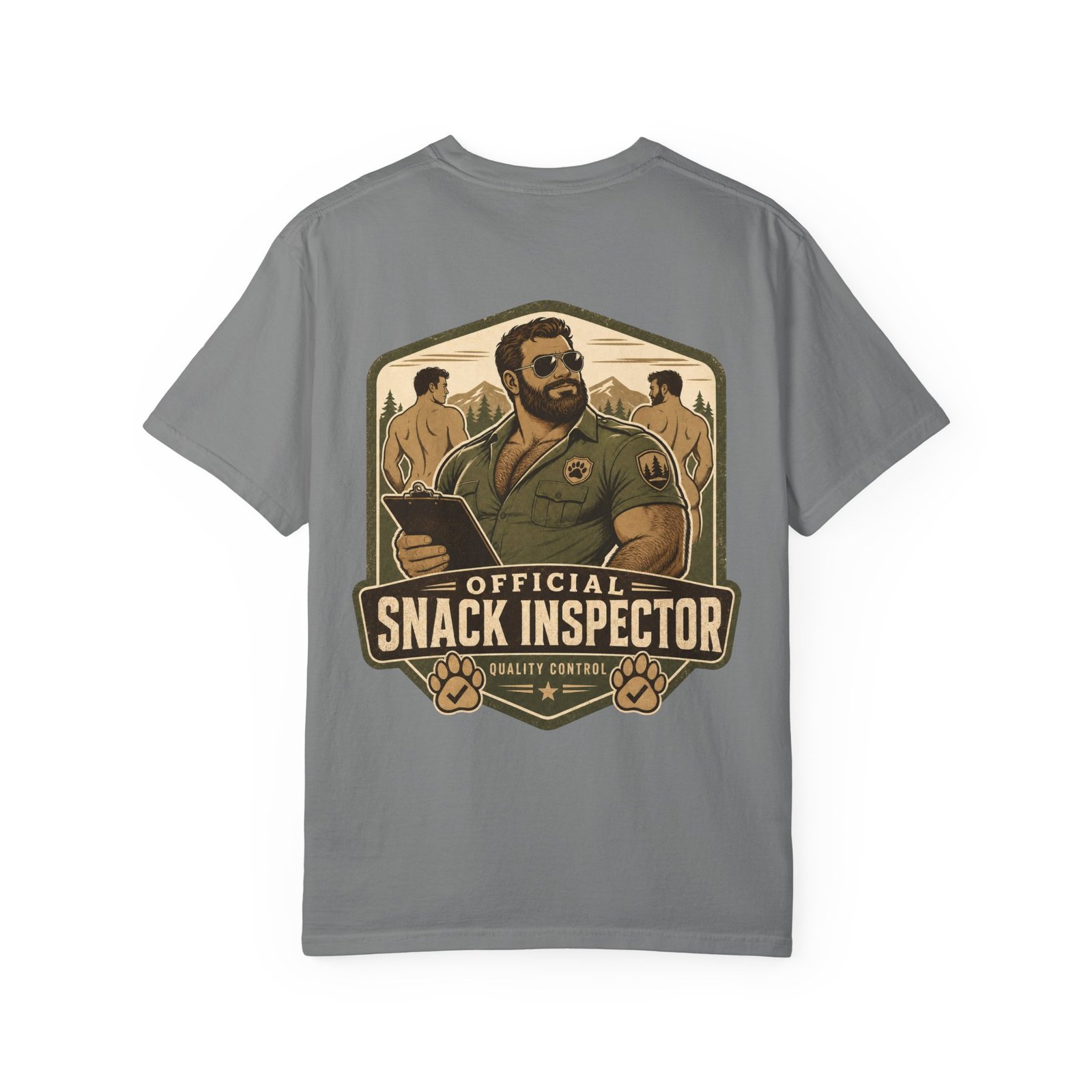 Grey Official Snack Inspector T-shirt, back view with bear ranger Snack Inspector artwork