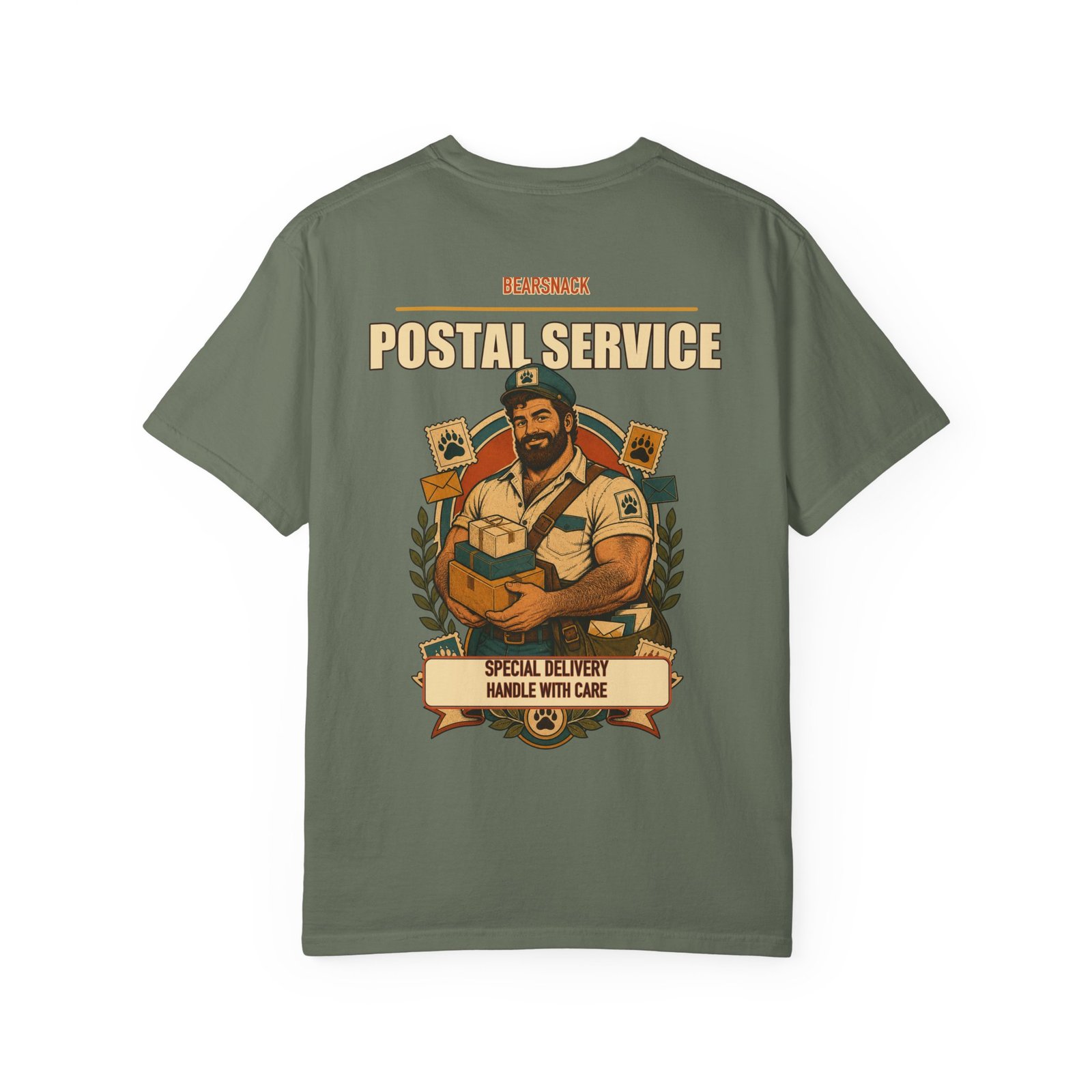 Moss Special Delivery T-shirt, back view with postal bear with parcels and satchel artwork