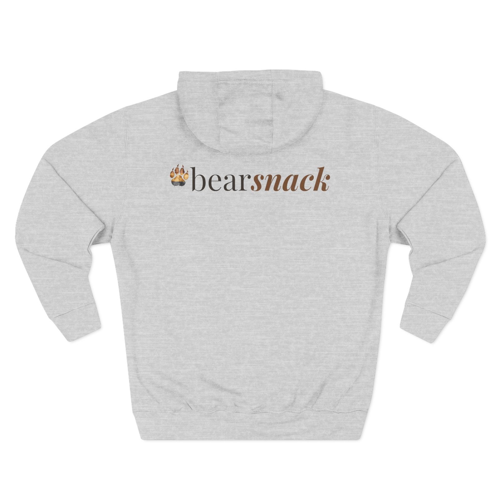 Heather Grey Watercolor Bear Paw hoodie, back view with Bearsnack upper-back wordmark
