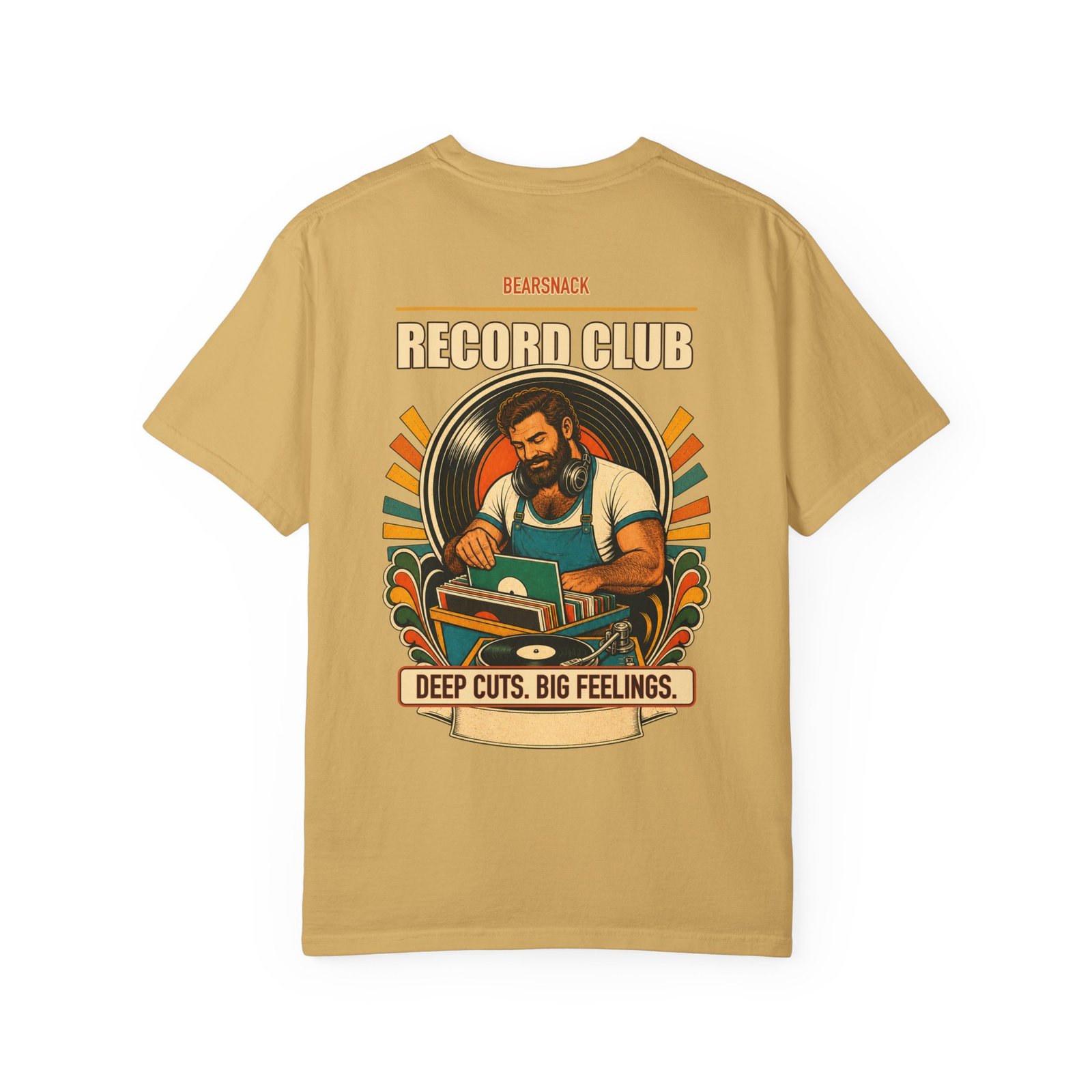 Mustard Deep Cuts Big Feelings T-shirt, back view with record-store bear, turntable, and vinyl artwork