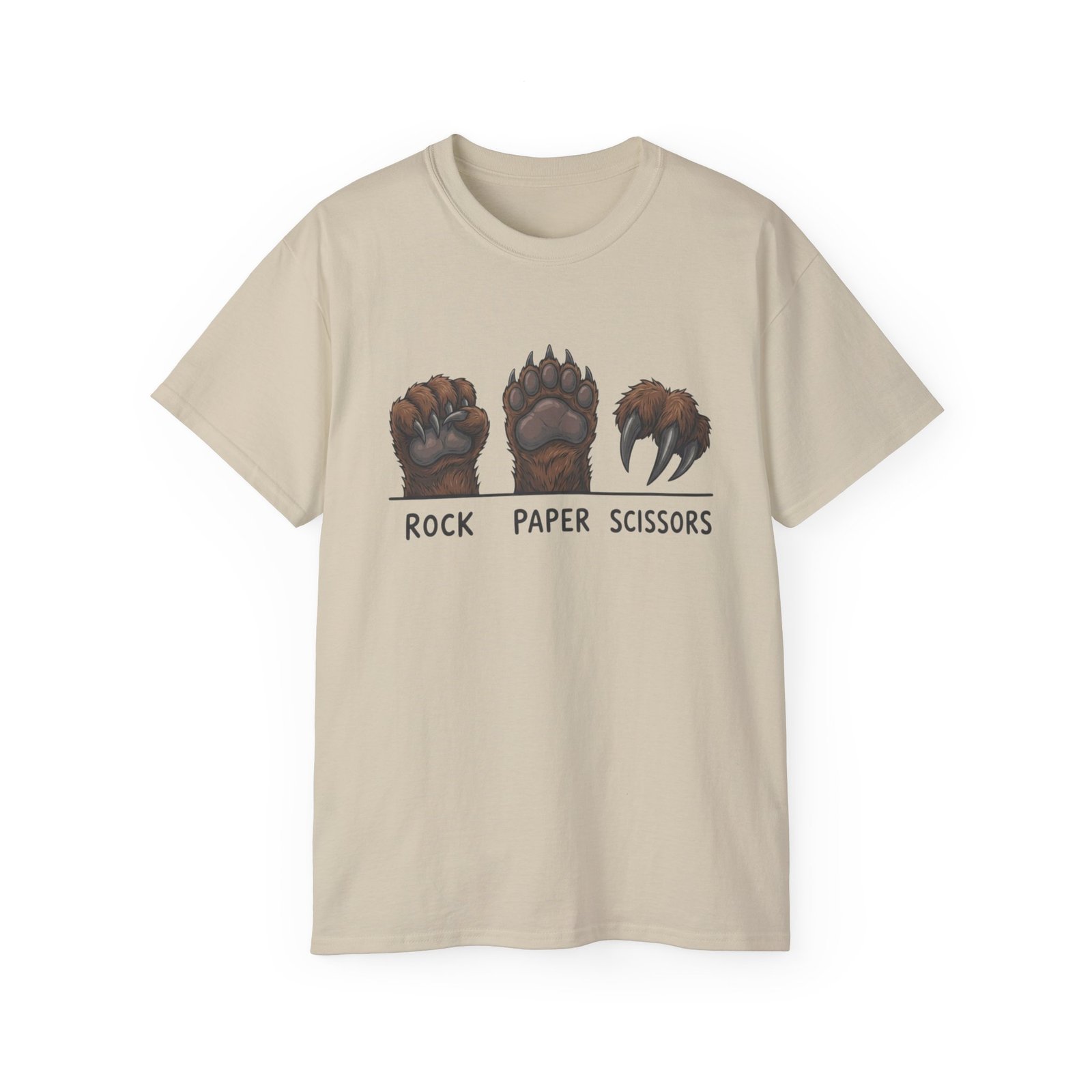 Sand Rock Paper Scissors Bear T-shirt, front view with rock paper scissors bear paw artwork