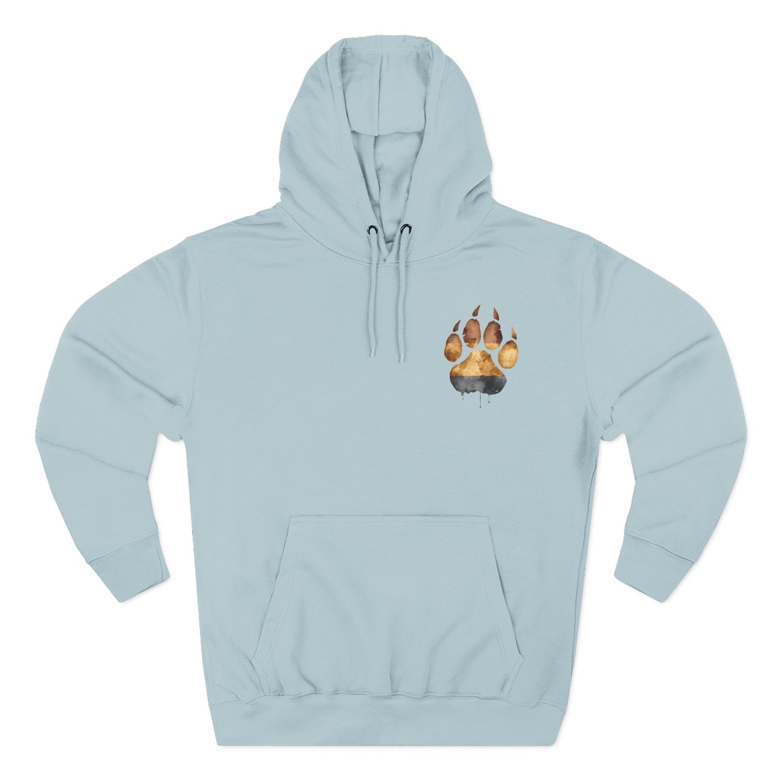 Blue Mist Watercolor Bear Paw hoodie, back view with Bearsnack upper-back wordmark