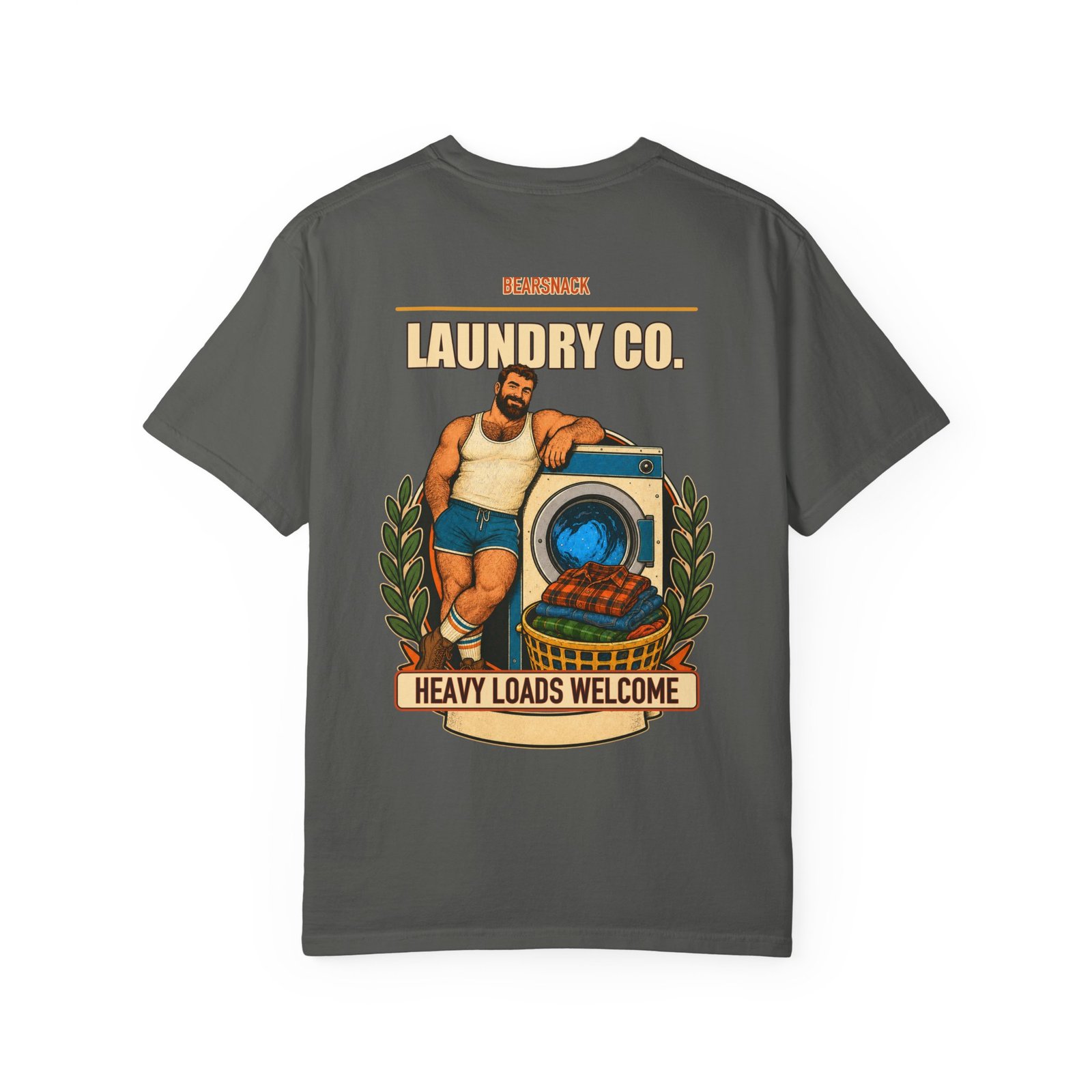Pepper Heavy Loads Welcome T-shirt, back view with laundry bear with vintage washer artwork