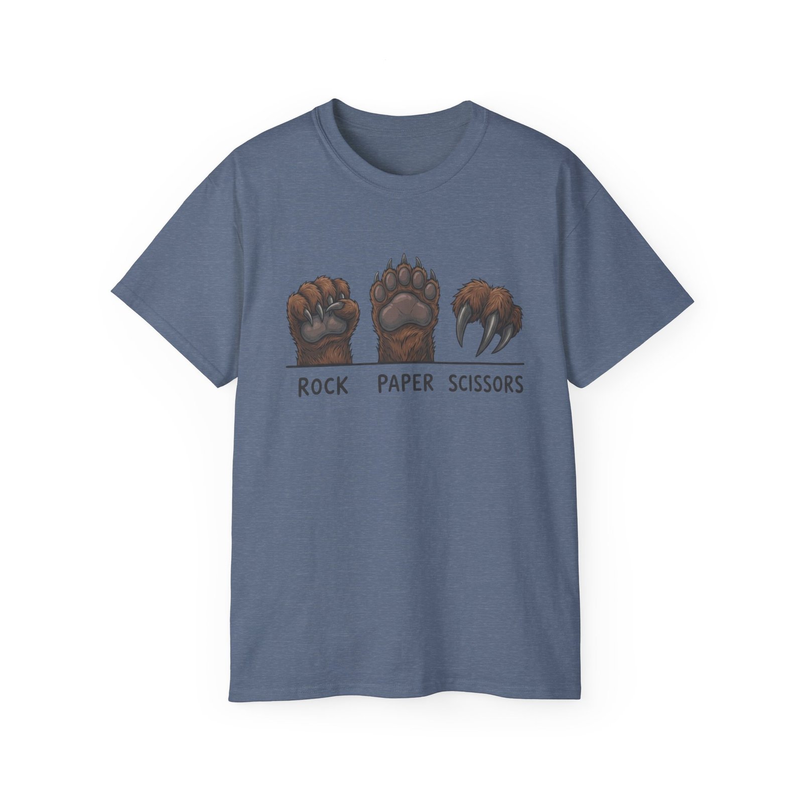 Heather Indigo Rock Paper Scissors Bear T-shirt, front view with rock paper scissors bear paw artwork