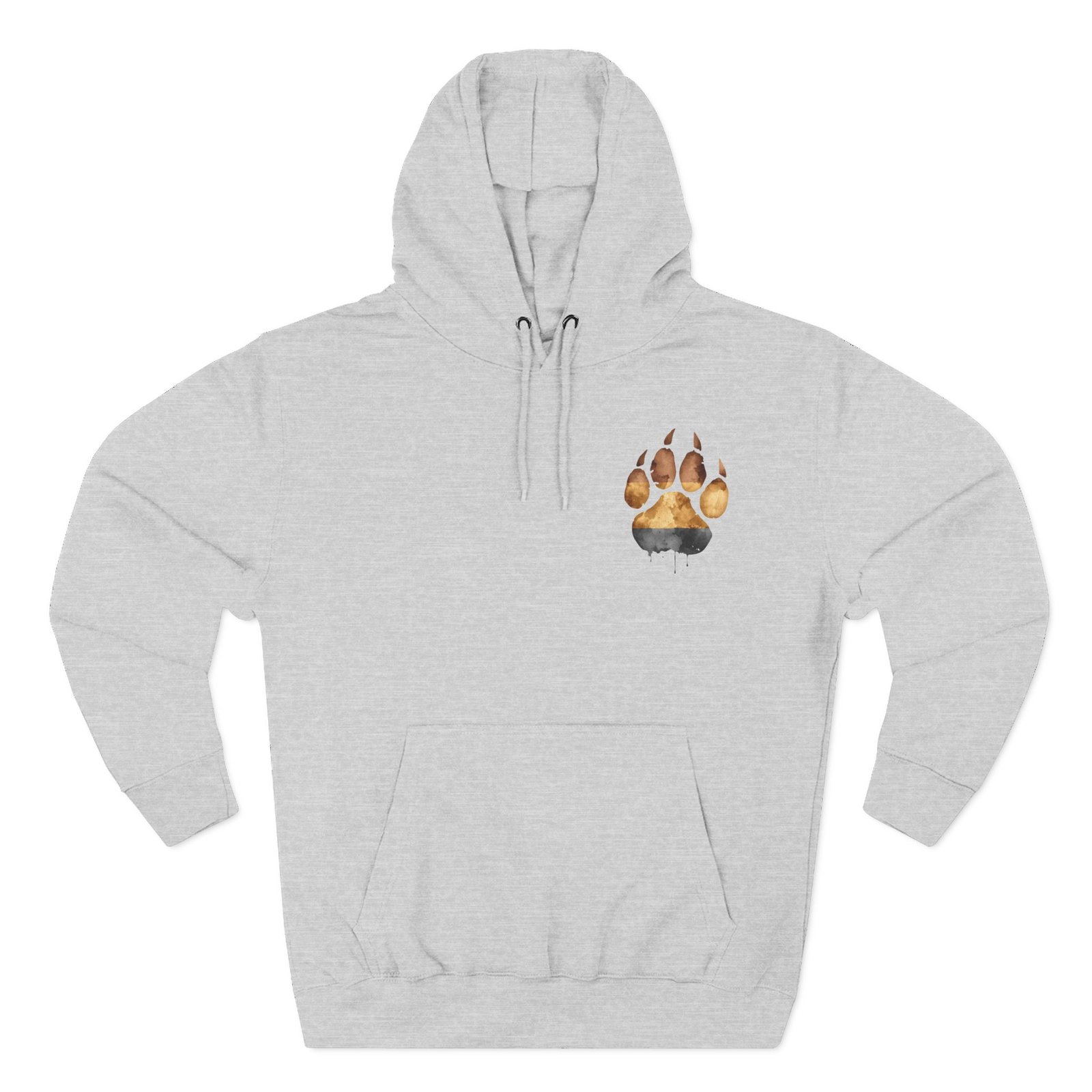 Heather Grey Watercolor Bear Paw hoodie, front view with watercolor bear paw chest print