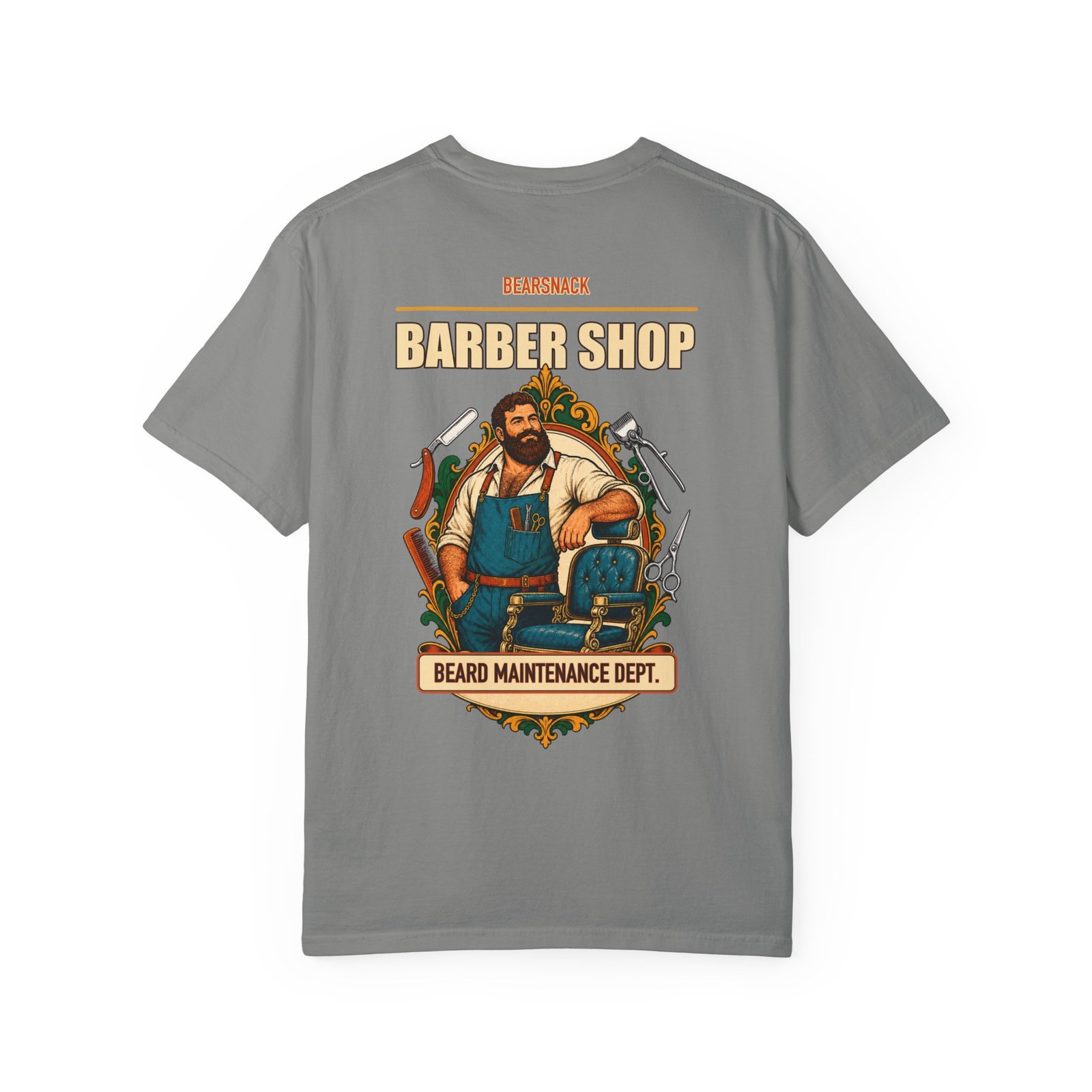 Granite Beard Maintenance Dept T-shirt, back view with barber bear, chair, clippers, and combs artwork