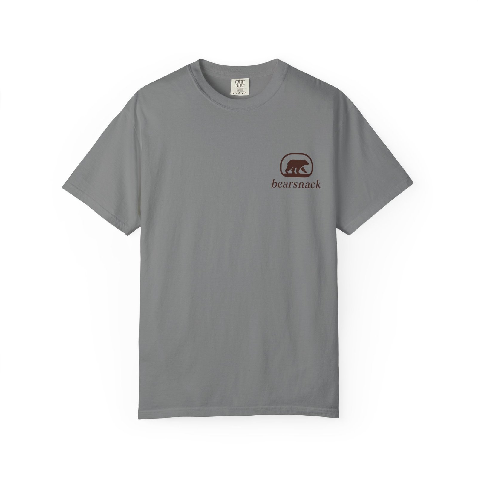 Grey Heavy Loads Welcome T-shirt, front view with Bearsnack Trail Badge