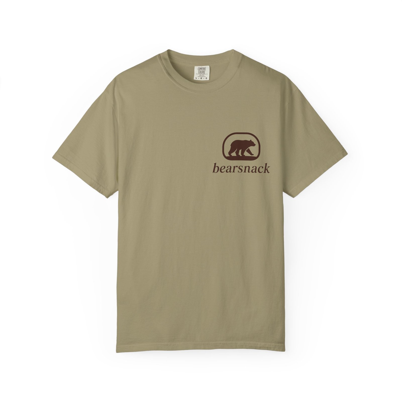 Khaki Certified Bear Magnet T-shirt, back view with three Certified Bear Magnet bears artwork