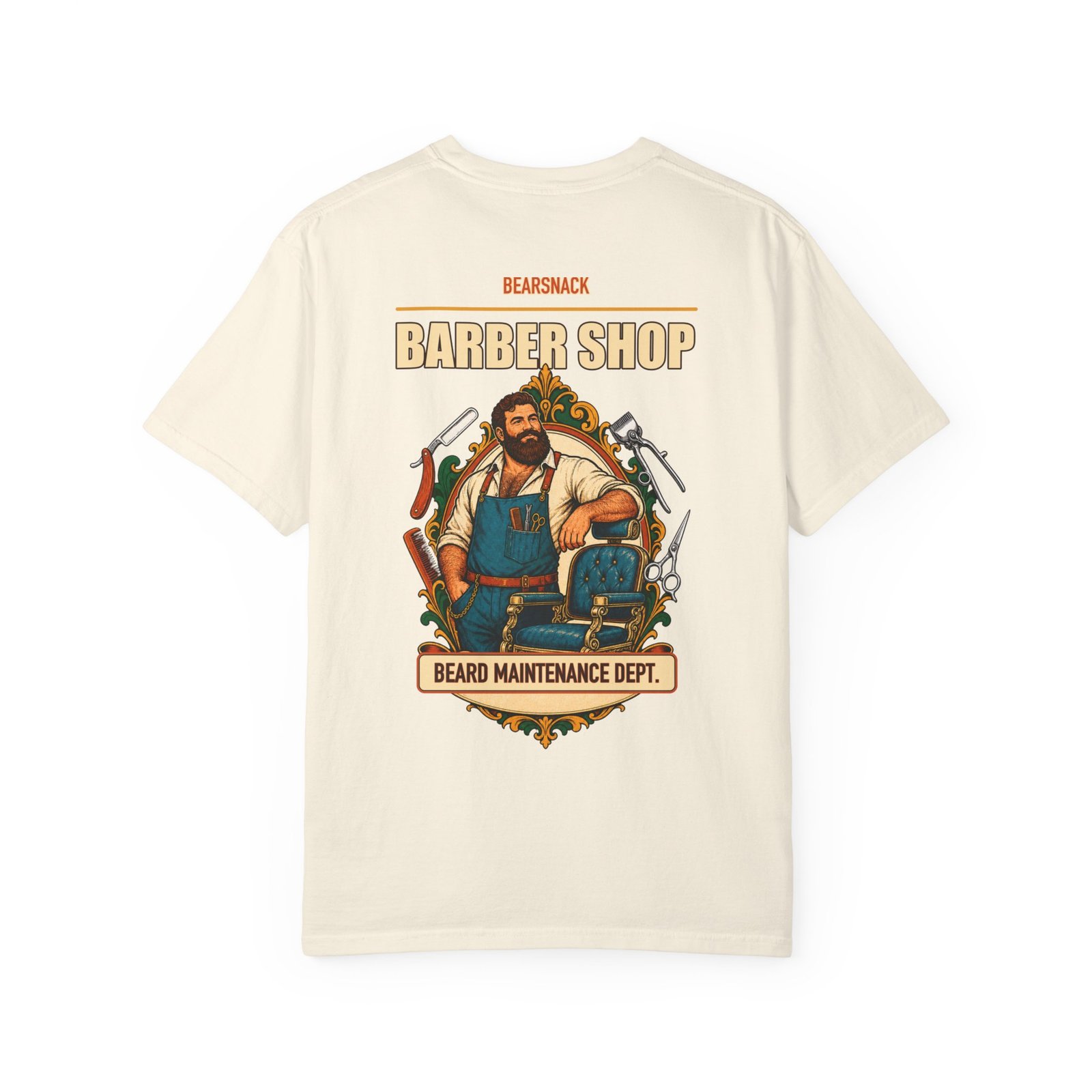 Ivory Beard Maintenance Dept T-shirt, back view with barber bear, chair, clippers, and combs artwork