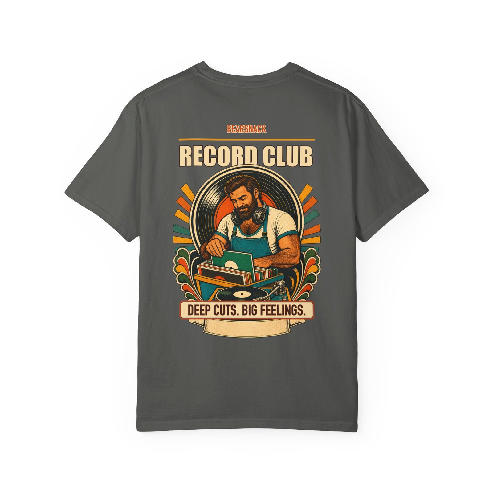 Pepper Deep Cuts Big Feelings T-shirt, back view with record-store bear, turntable, and vinyl artwork