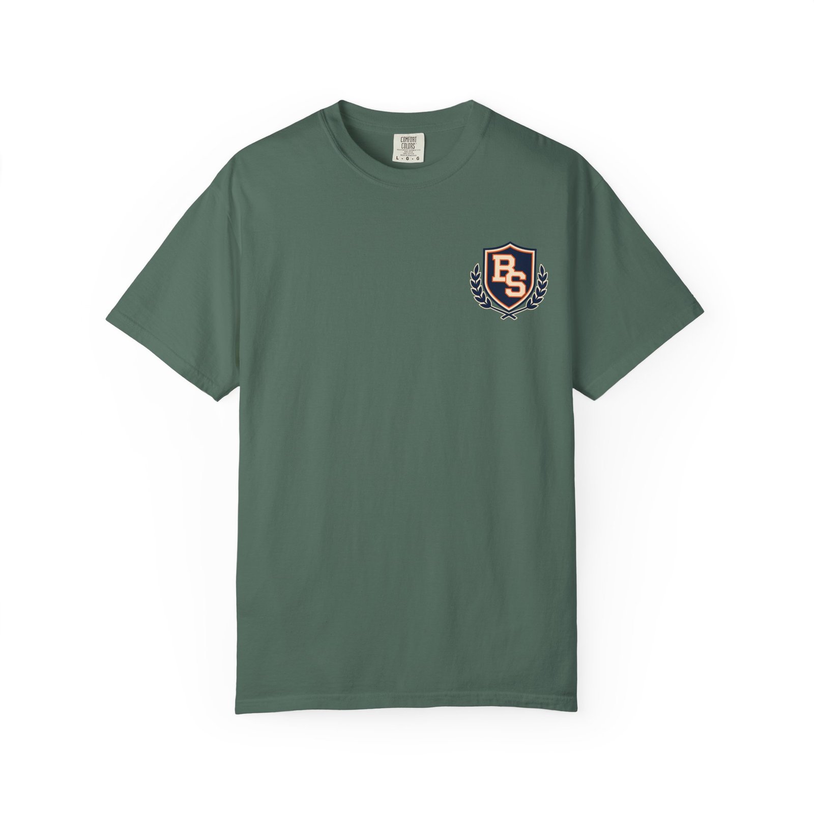 Blue Spruce Bearsnack Athletic Dept T-shirt, front view with Bearsnack Trail Badge