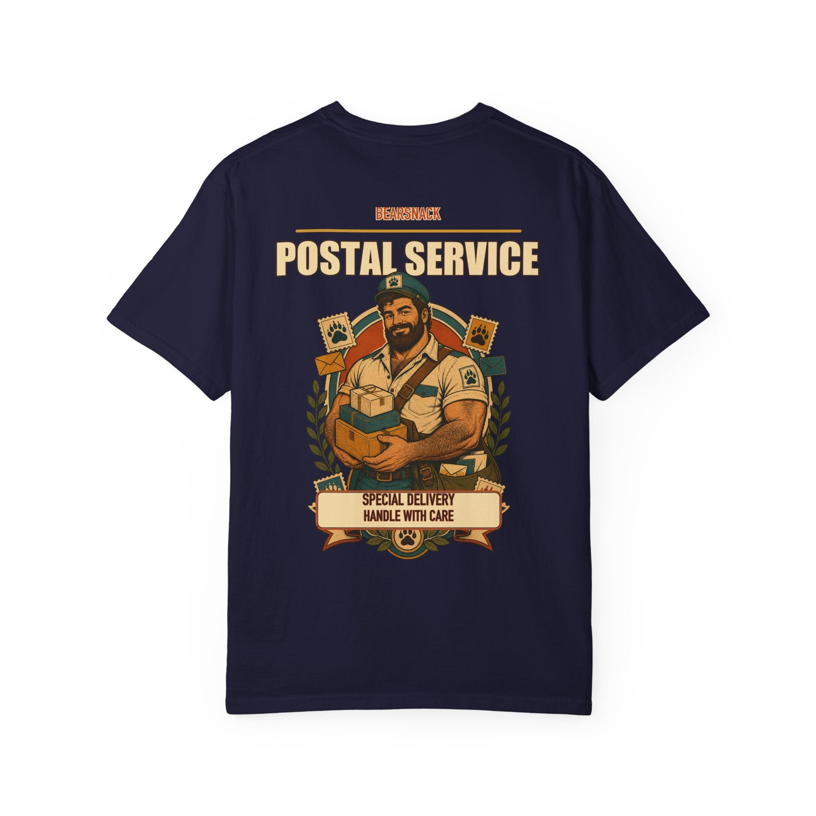 True Navy Special Delivery T-shirt, back view with postal bear with parcels and satchel artwork