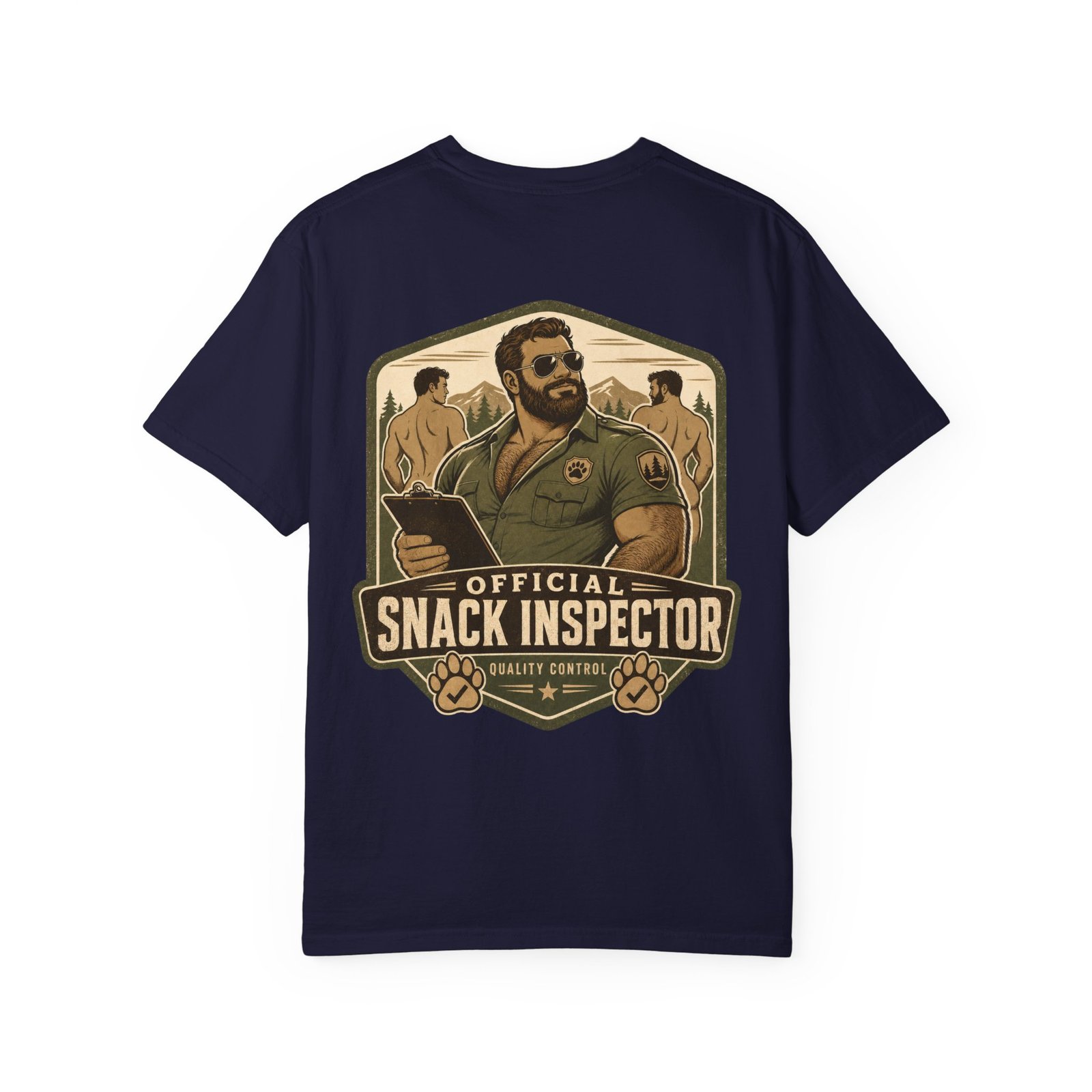 True Navy Official Snack Inspector T-shirt, back view with bear ranger Snack Inspector artwork