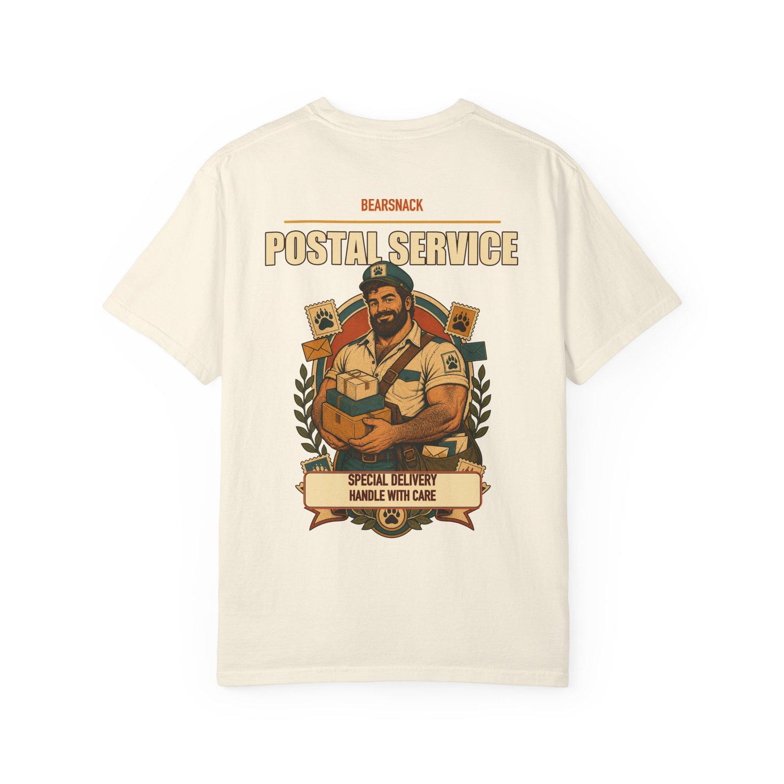 Ivory Special Delivery T-shirt, back view with postal bear with parcels and satchel artwork