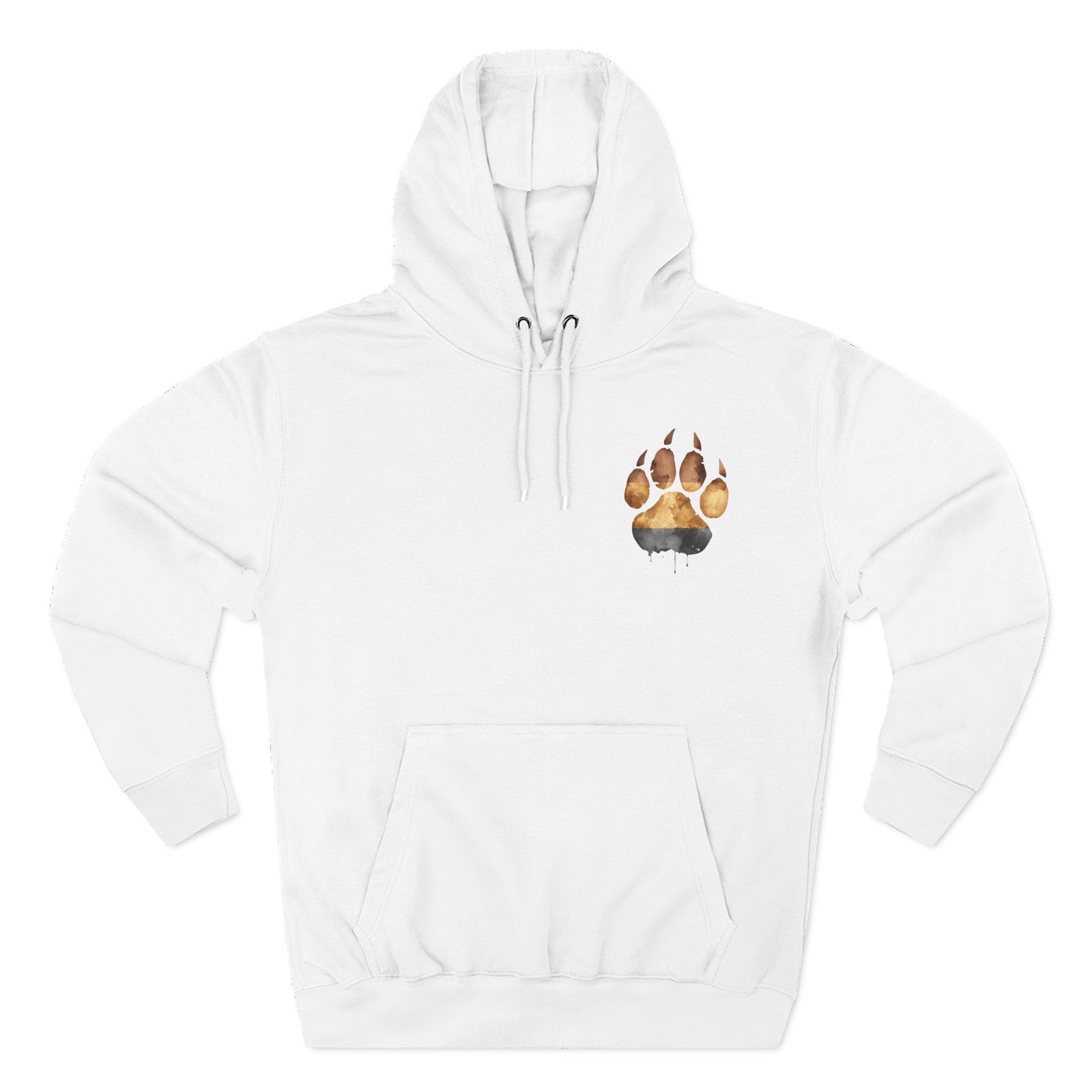 White Watercolor Bear Paw hoodie, front view with watercolor bear paw chest print
