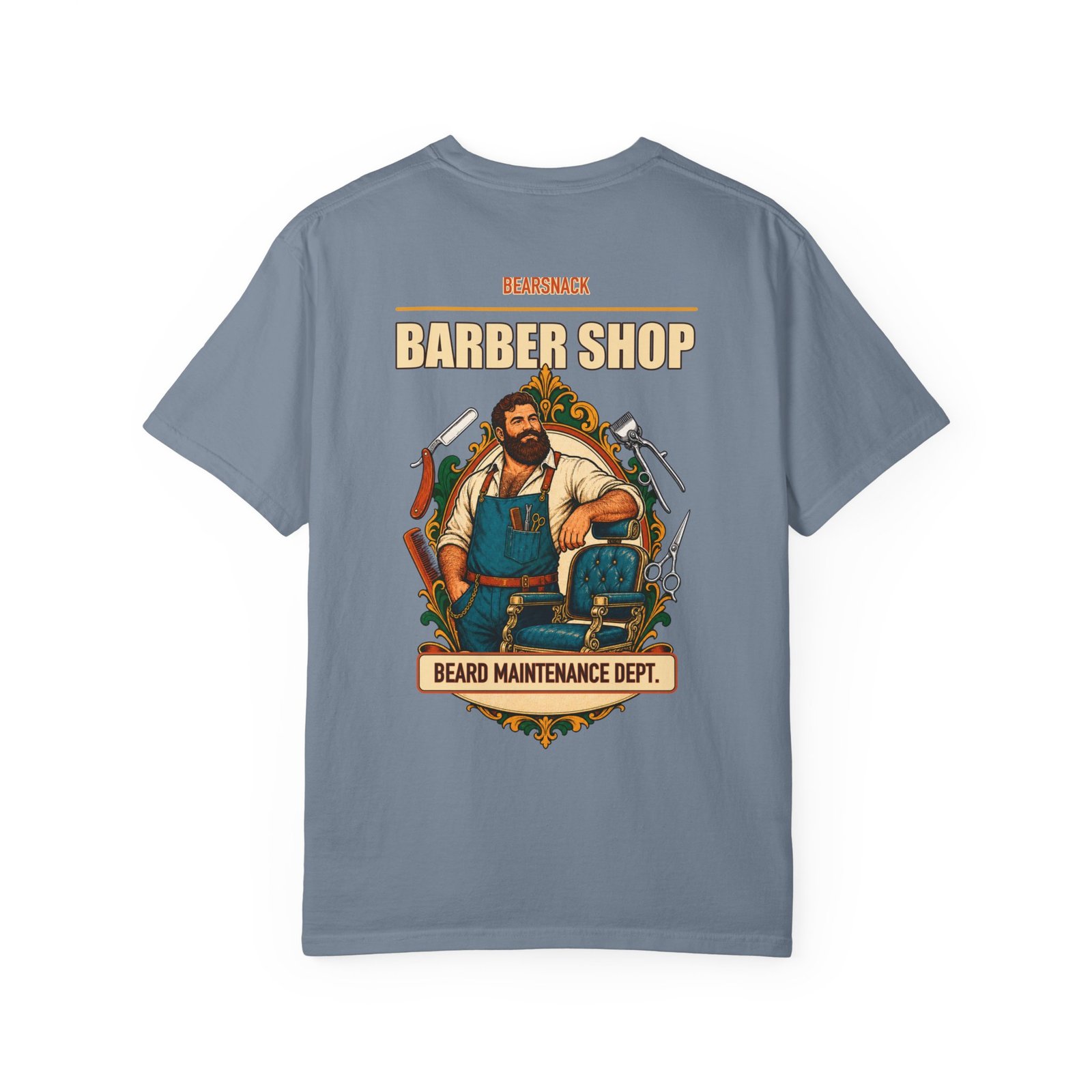 Blue Jean Beard Maintenance Dept T-shirt, back view with barber bear, chair, clippers, and combs artwork